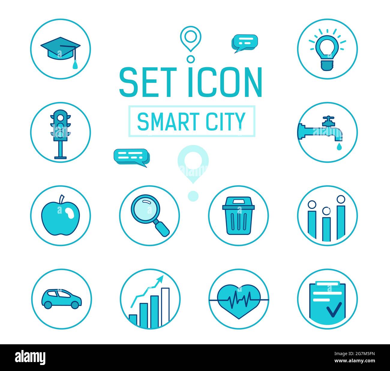 Définir les icônes ville intelligente. Icônes vectorielles bleues. Style de lignes pleines Illustration de Vecteur
