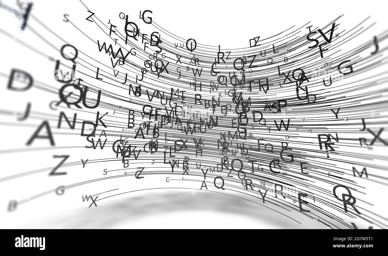 illustration 3d.concept de l'écriture créative et de la littérature.la puissance des mots et de la langue.Design abstrait avec des lettres de fond. Banque D'Images