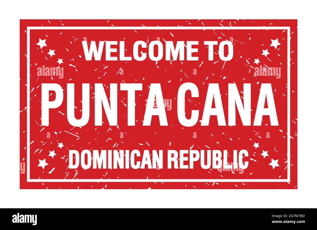 BIENVENUE À PUNTA CANA - RÉPUBLIQUE DOMINICAINE, mots écrits sur le drapeau rectangle rouge Banque D'Images