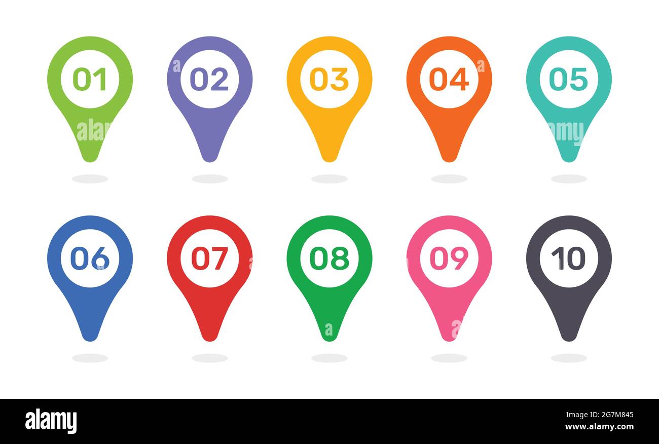 Les numéros d'emplacement sur la conception de l'axe de la carte sont de un à dix. Icône vectorielle de marqueurs colorés avec un nombre compris entre 1 et 10. Illustration de Vecteur
