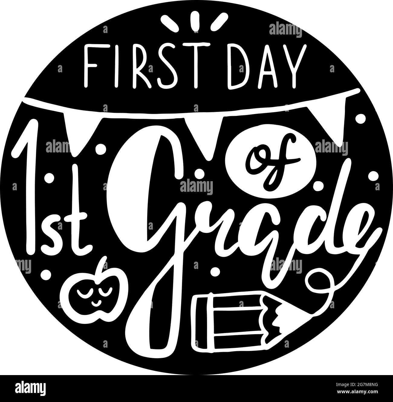 Premier jour de la première classe lettrage calligraphie phrase blanche sur ellipse noire. Autocollant décoratif pour les affiches d'école. Illustration de la conception à plat vectorielle. SPE 10 Illustration de Vecteur