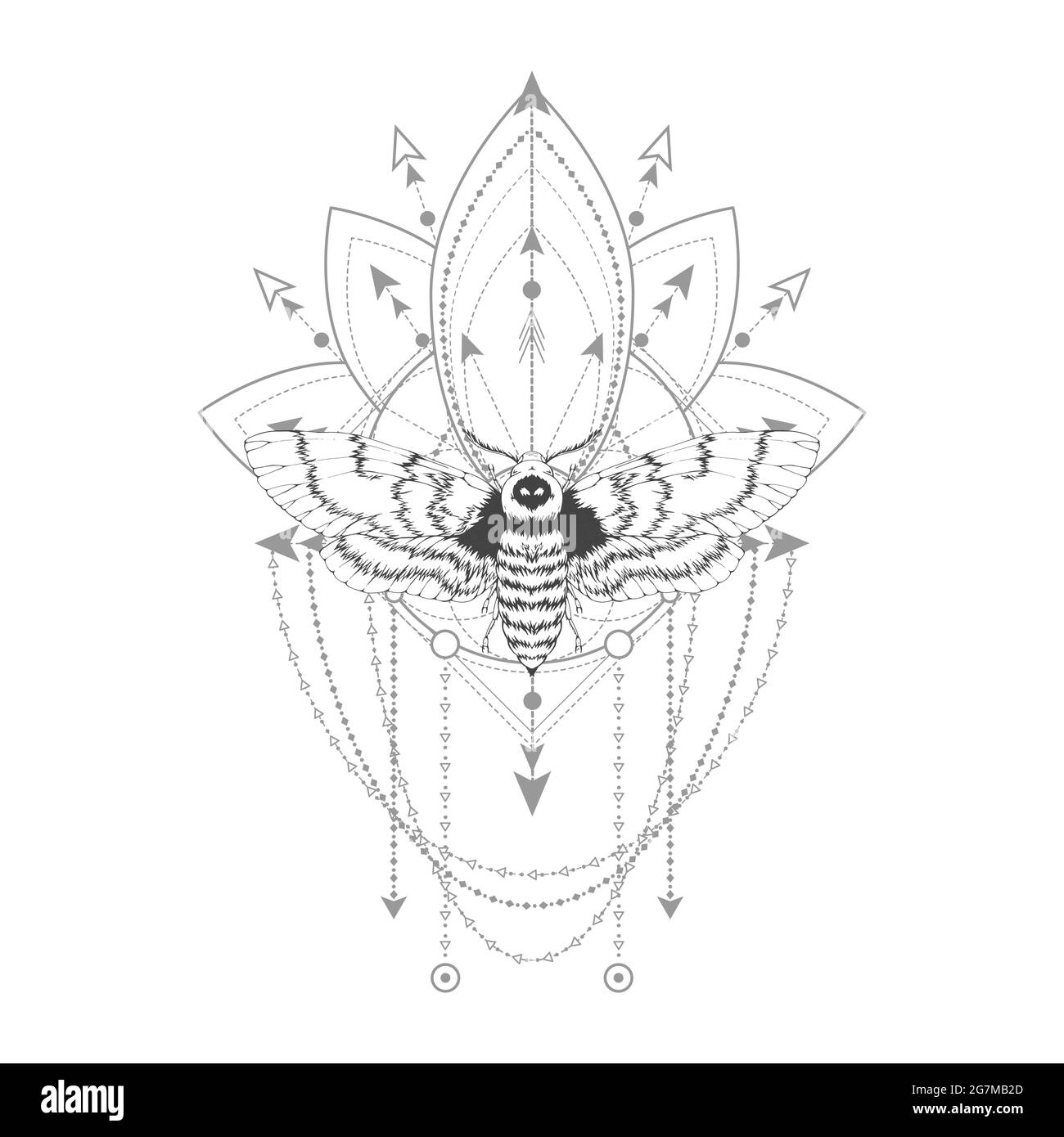 Illustration vectorielle avec papillon de tête mort dessiné à la main et symbole géométrique Sacré sur fond blanc. Signe mystique abstrait. Forme linéaire noire. Pour vous Illustration de Vecteur
