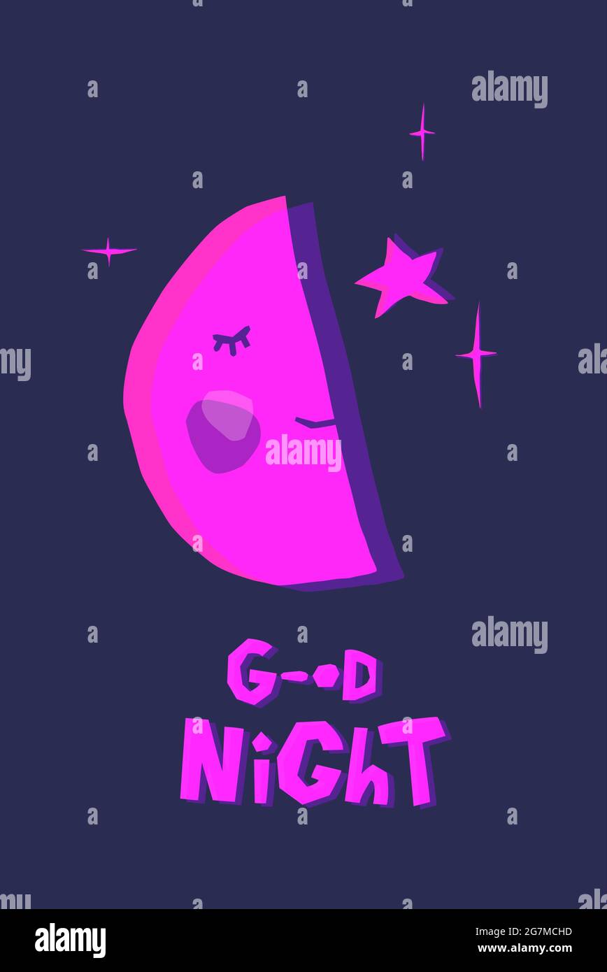Bonne nuit mois et étoiles affiche dans le style de papier coupé. Illustration moderne dans des couleurs fluo vives Illustration de Vecteur