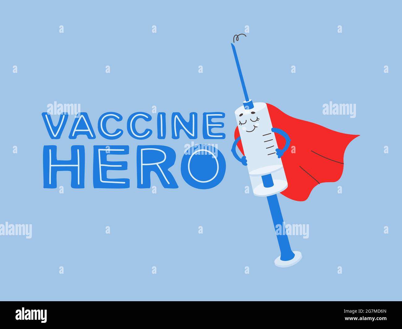 Seringue de dessin animé avec vaccin. Illustration et lettrage du héros du vaccin. Caractère motivant de la vaccination. Autocollant vectoriel pour le design. Illustration de Vecteur
