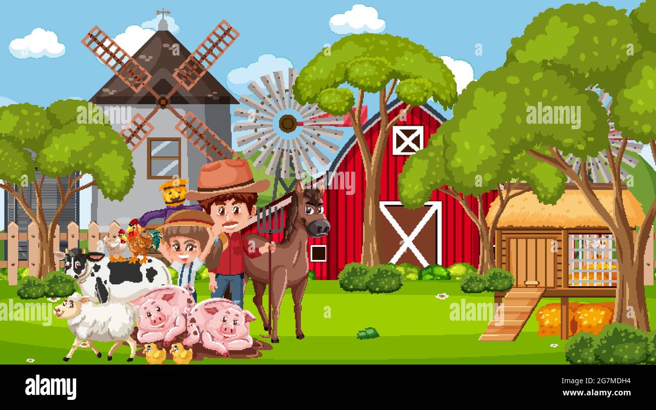 Dessin Anime Avec Des Animaux De La Ferme Scène de ferme avec personnage de dessin animé fermier et illustration des  animaux de ferme Image Vectorielle Stock - Alamy