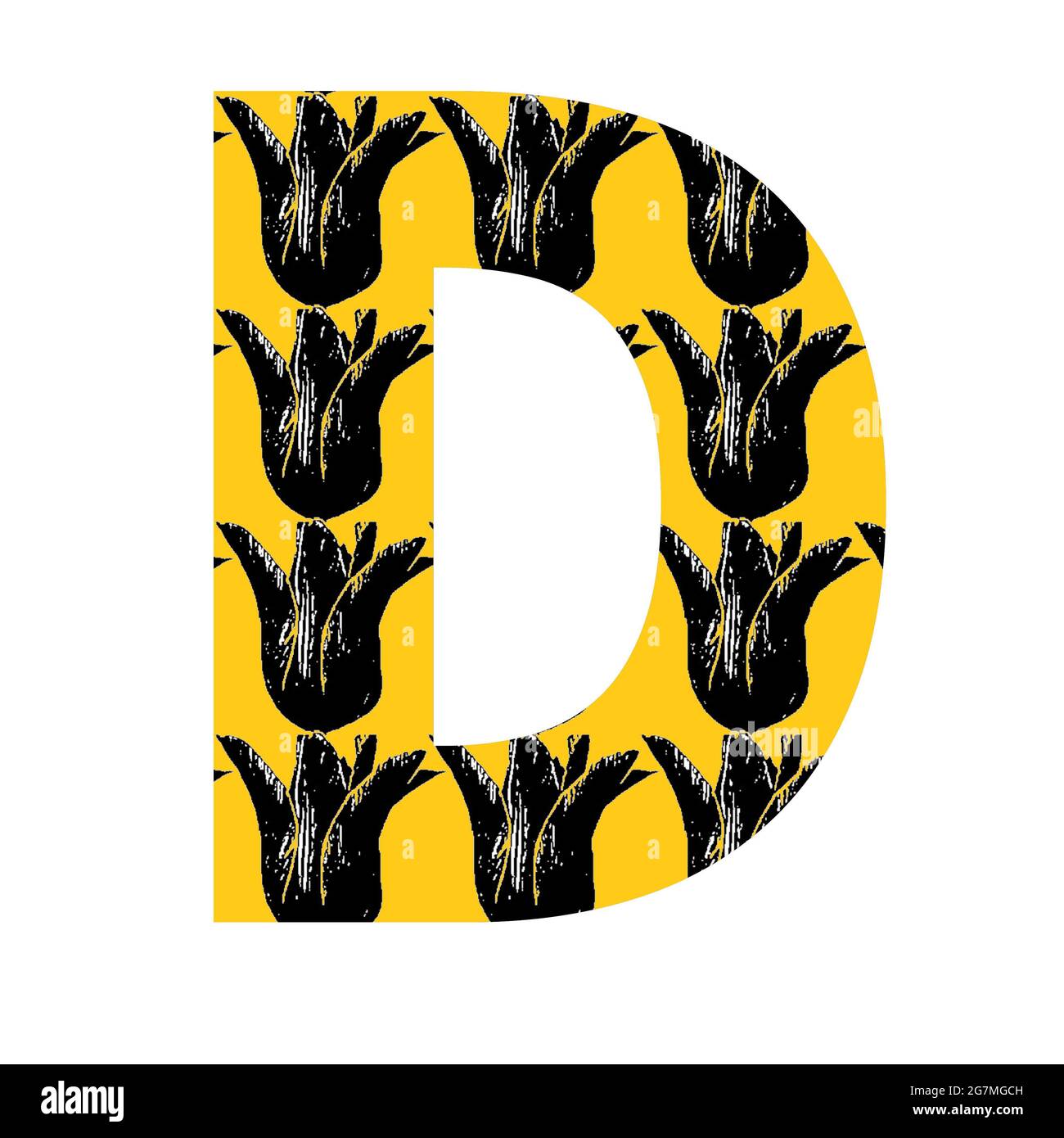 Lettre D de l'alphabet avec un motif de tulipe noire sur fond jaune, isolée sur fond blanc Banque D'Images
