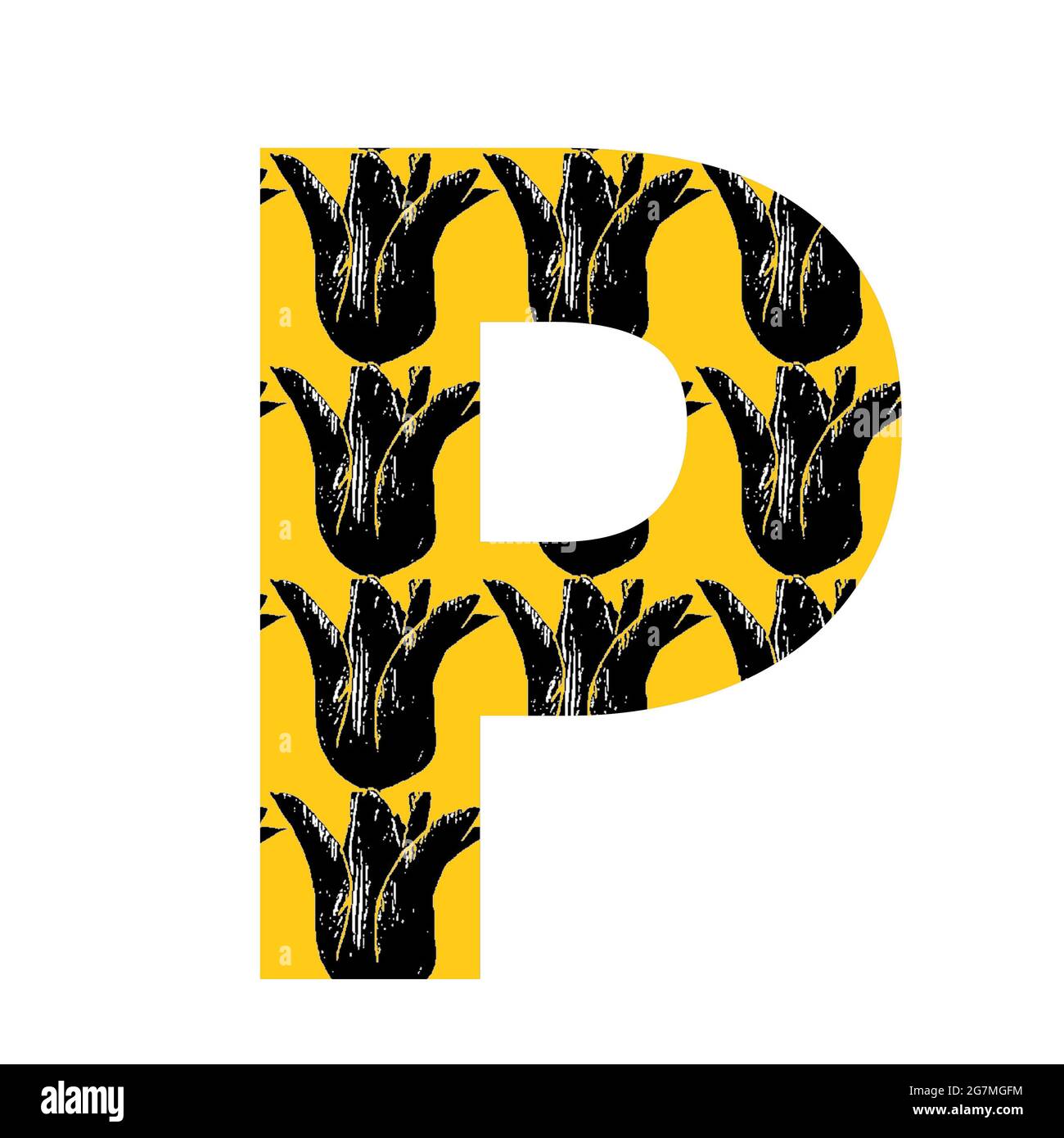 Lettre P de l'alphabet avec un motif de tulipe noire sur fond jaune, isolée sur fond blanc Banque D'Images