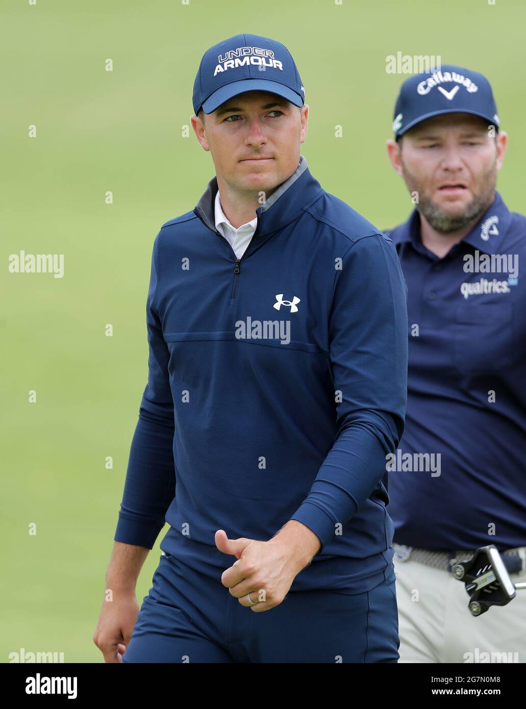 Jordan Spieth aux États-Unis après avoir terminé la partie sur le 18ème green pendant la première journée de l'Open au Royal St George's Golf Club à Sandwich, Kent. Date de la photo: Jeudi 15 juillet 2021. Banque D'Images