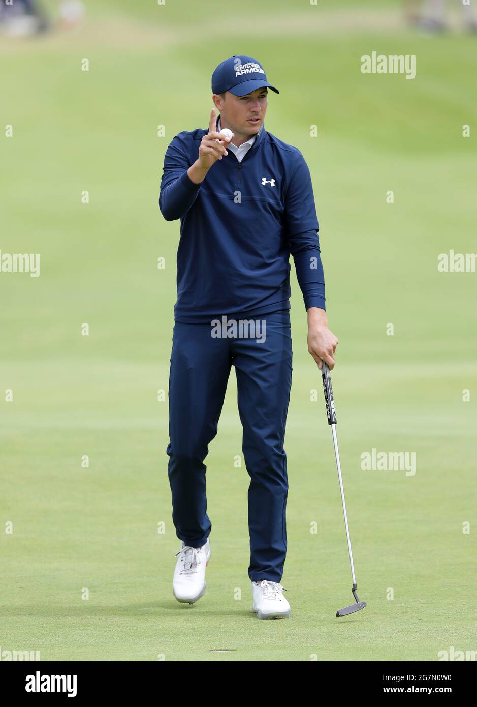 Jordan Spieth aux États-Unis après avoir terminé la partie sur le 18ème green pendant la première journée de l'Open au Royal St George's Golf Club à Sandwich, Kent. Date de la photo: Jeudi 15 juillet 2021. Banque D'Images