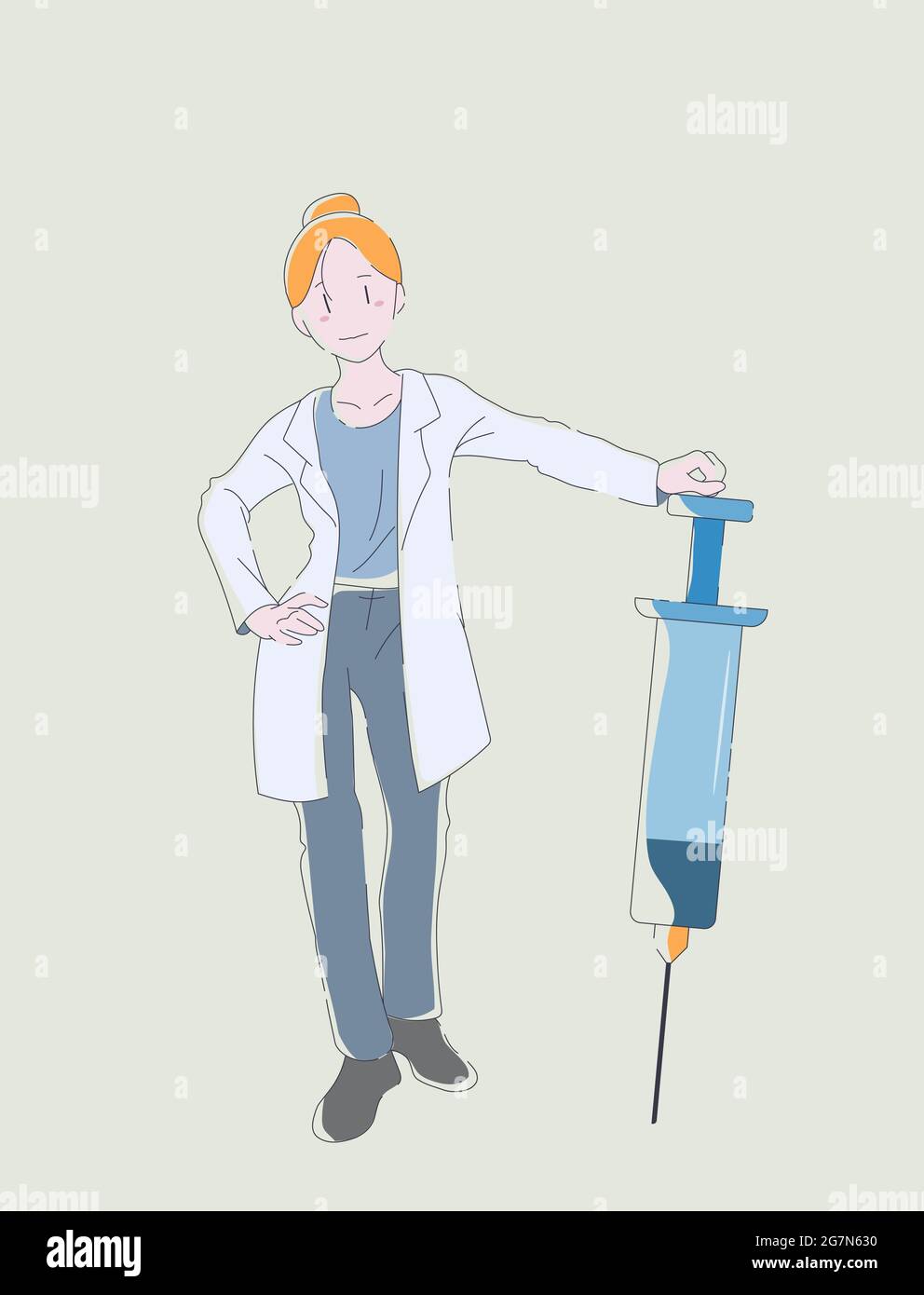 Le médecin tient une seringue. Médecin donnant la vaccination. Illustration vectorielle Doodle. Concept de vaccination. Dessin à la main d'une fille de style dessin animé. Illustration de Vecteur
