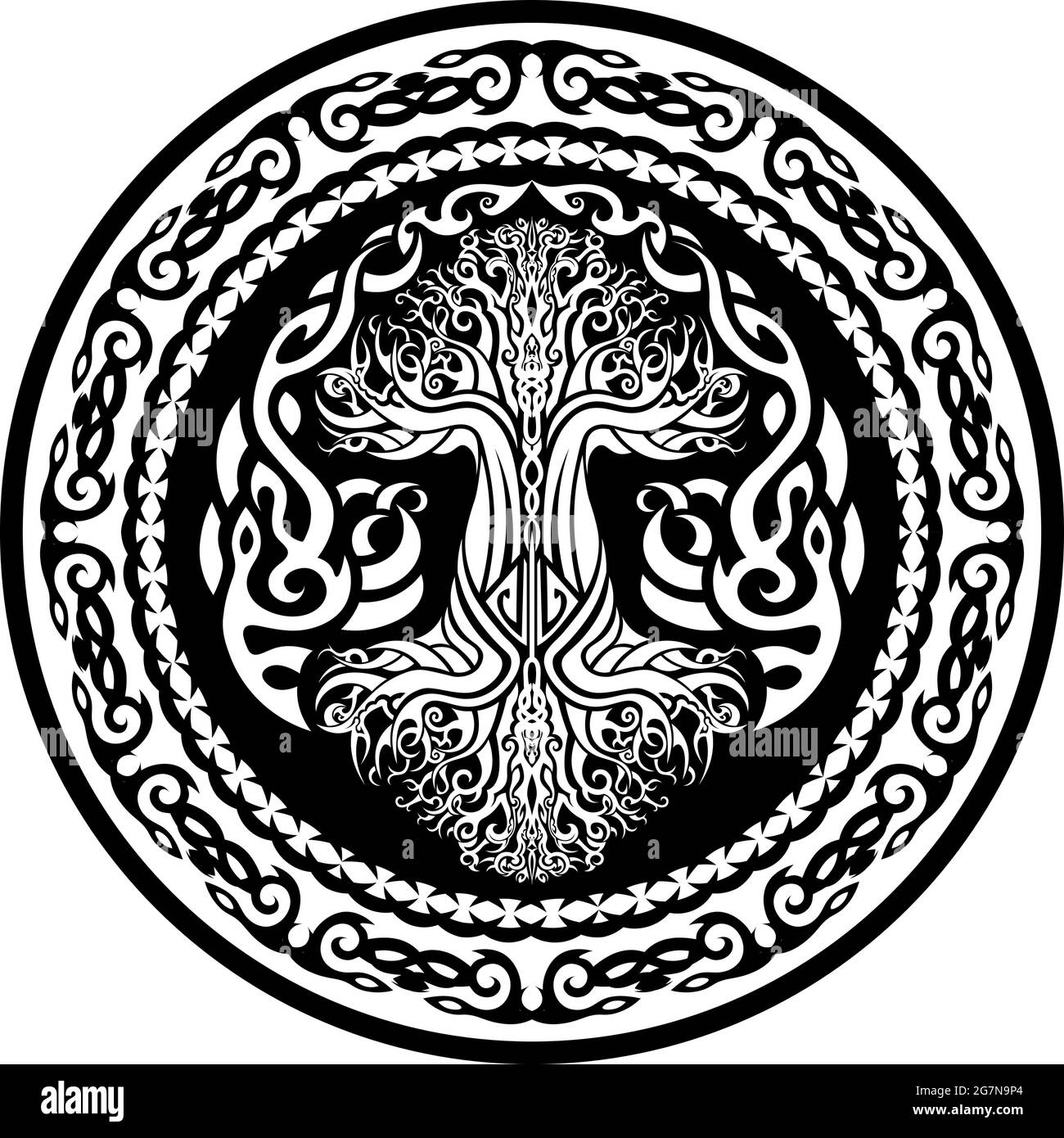 amulette noire et blanche ornementale avec yggdrasil, arbre viking de la vie dans le style celtique tribal Illustration de Vecteur