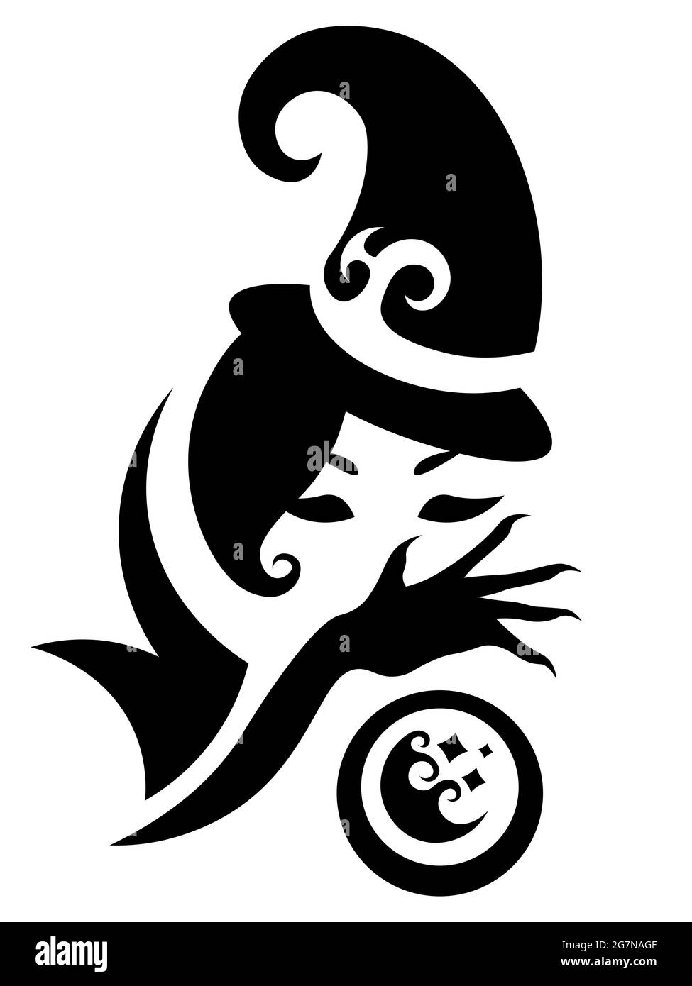 jolie sorcière abstraite noire et blanche avec boule de cristal Illustration de Vecteur