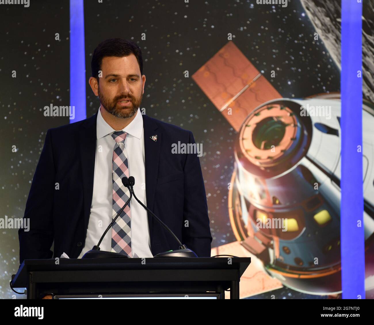 Titusville, États-Unis. 15 juillet 2021. Jeremy Parsons, directeur adjoint de la NASA, exploration Ground Systems, s'exprime lors de l'ouverture officielle par Lockheed Martin Corporation de son centre STAR (vaisseau spatial Test Assembly and Resource) à Titusville, en Floride, le jeudi 15 juillet 2021. Photo de Joe Marino/UPI crédit: UPI/Alay Live News Banque D'Images