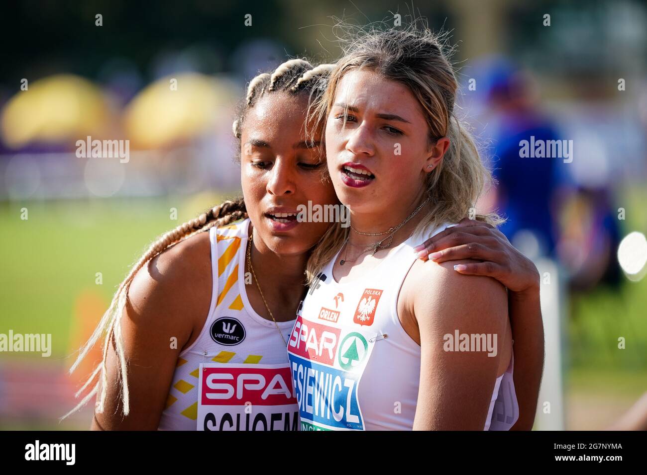 L'athlète belge Liefde Schoemaker réagit après sa demi-finale dans la course féminine de 400m aux Championnats d'Europe d'athlétisme U20, jeudi 15 juillet 202 Banque D'Images