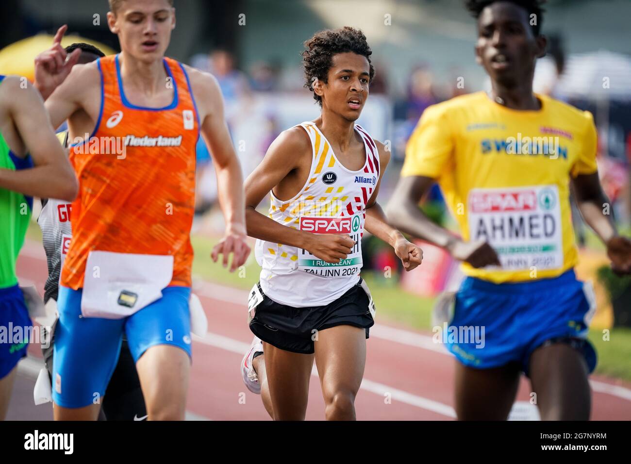 Noah Konteh dirige la première partie des hommes de course de 3000m les Championnats européens d'athlétisme U20, jeudi 15 juillet 2021 à Tallinn, Estonie. BELGA PHOTO CO Banque D'Images