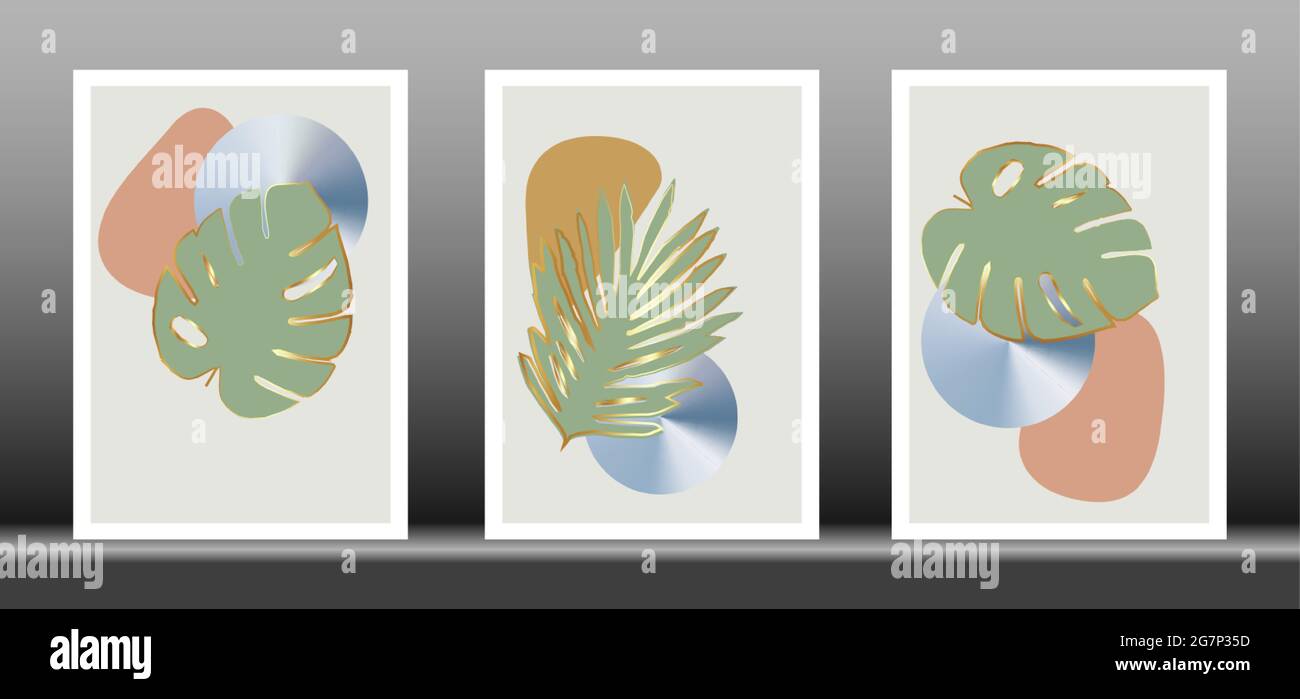 Jeu de vecteurs d'art mural botanique. Dessin d'art en ligne de feuillage doré avec forme abstraite, motif d'art végétal abstrait doré pour les imprimés muraux, prin de toile Illustration de Vecteur