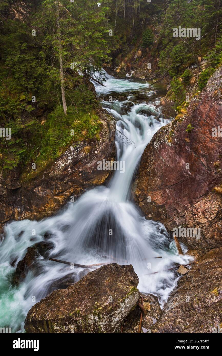 Vue sur les chutes d'eau de Mickiewicz, Wodogrzmoty Mickiewicza dans les Hautes Tatras sur le ruisseau Roztoka. Pologne. Banque D'Images