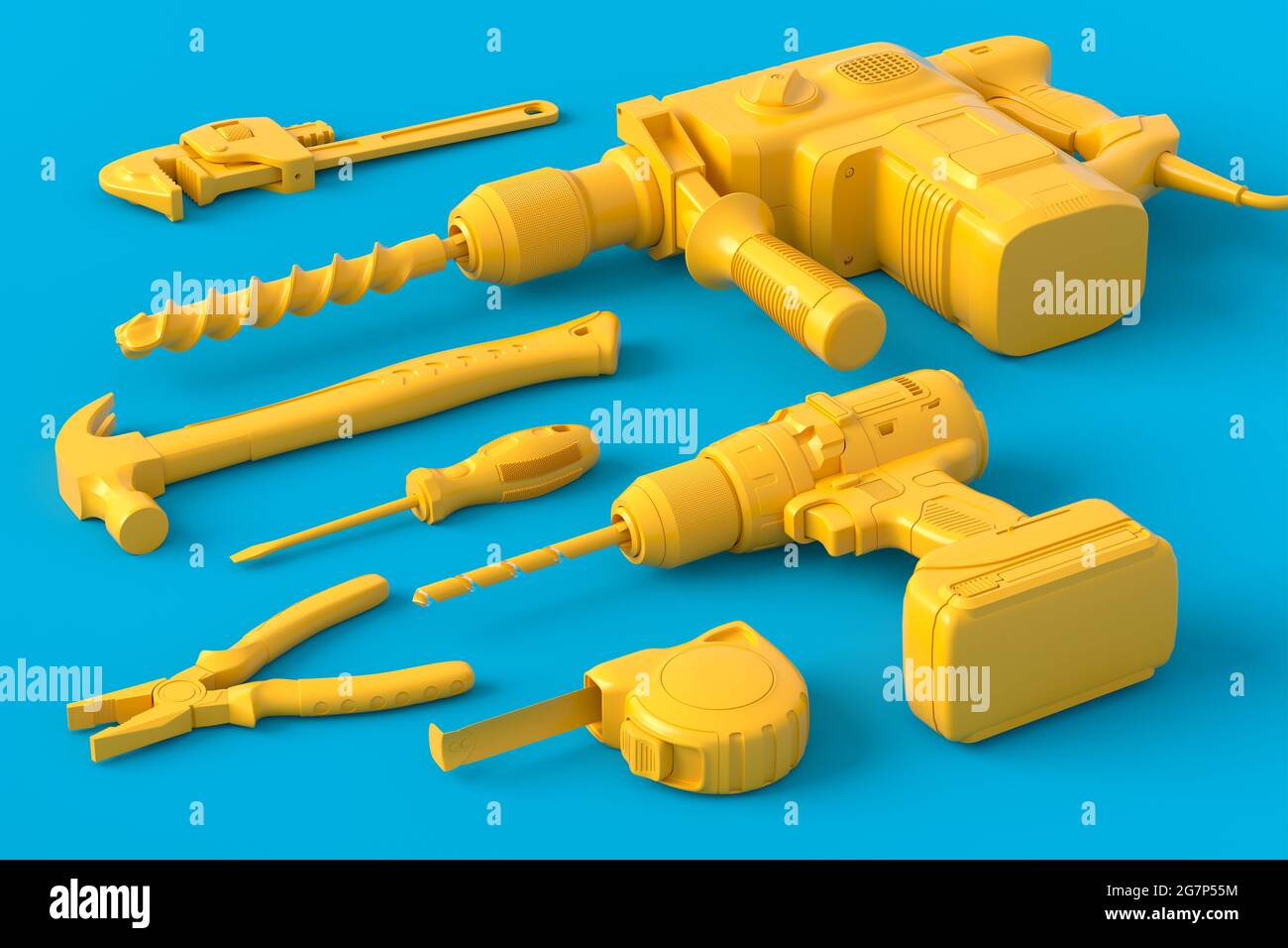 Vue isométrique des outils de construction monochromes pour la réparation et l'installation sur fond bleu et jaune. rendu 3d et illustration du service ba Banque D'Images Vue isométrique des outils de construction monochromes pour la réparation et l'installation sur fond bleu et jaune. rendu 3d et illustration du service ba Banque D'Images