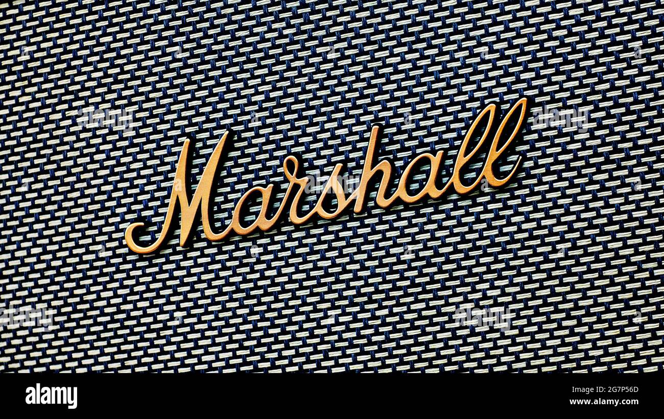Photo éditoriale sur le thème Marshall. Photo d'illustration pour l'actualité de Marshall - une entreprise britannique d'équipement audio professionnel Banque D'Images
