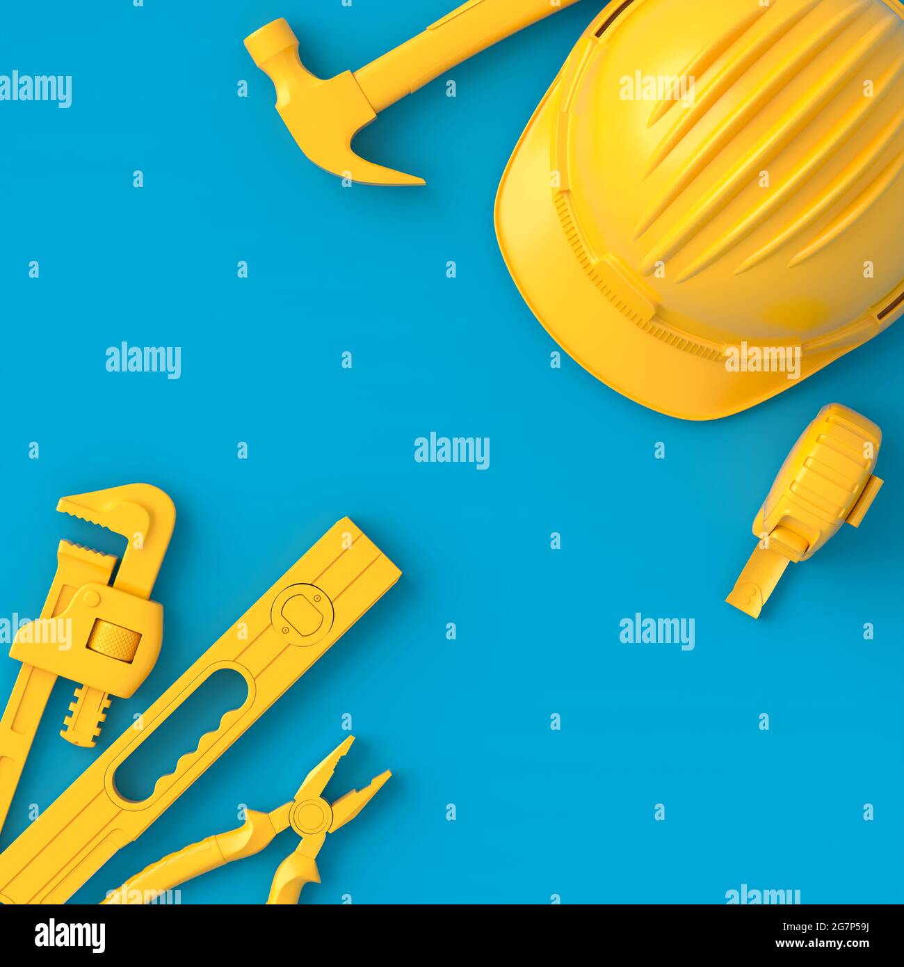 Vue de dessus des outils de construction monochromes pour la réparation et l'installation sur fond bleu et jaune. rendu 3d et illustration de la bannière de service f Banque D'Images Vue de dessus des outils de construction monochromes pour la réparation et l'installation sur fond bleu et jaune. rendu 3d et illustration de la bannière de service f Banque D'Images