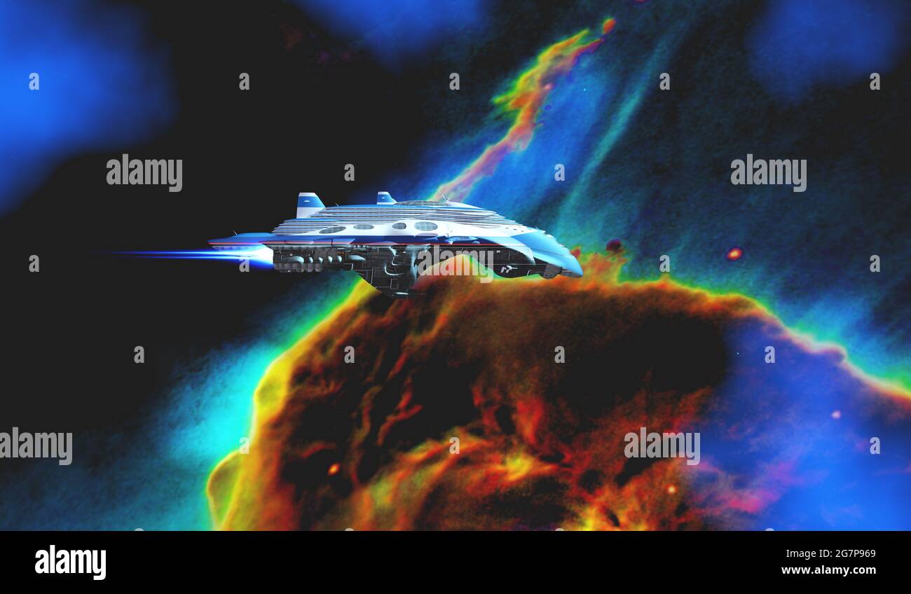 L'engin spatial visite Carina Nebula - la Carina Nebula, qui est de nombreuses années-lumière de la Terre, est visitée par un véhicule spatial starcraft. Banque D'Images