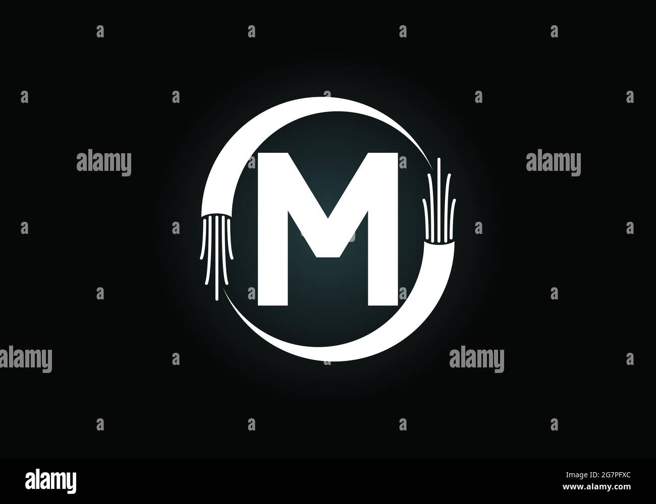 Lettre M monogramme initiale avec fil électrique, câble en fibre optique. Emblème de police. Logo vectoriel moderne pour la technologie et l'électricité Illustration de Vecteur