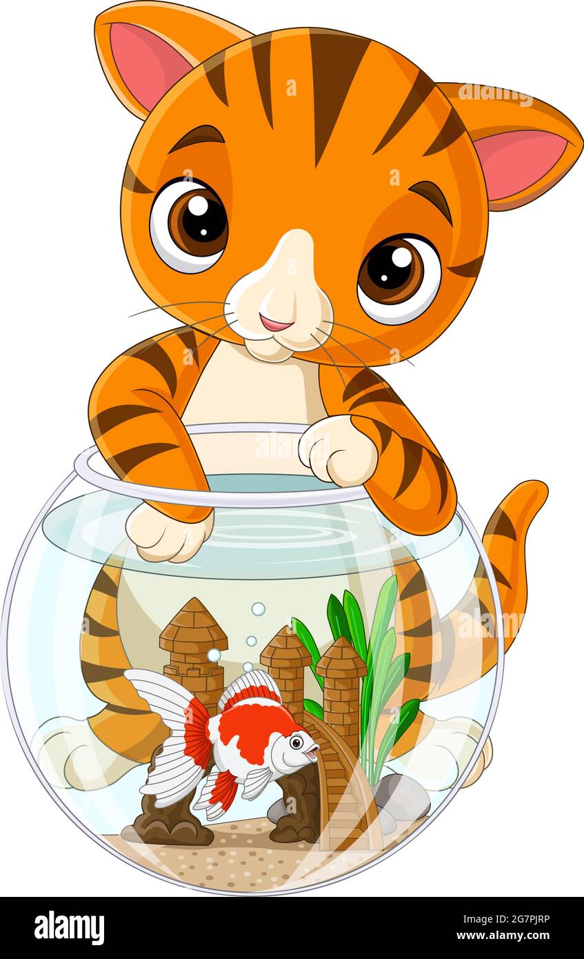 Chat de dessin animé rayé avec poisson rouge dans un bol à poissons Illustration de Vecteur