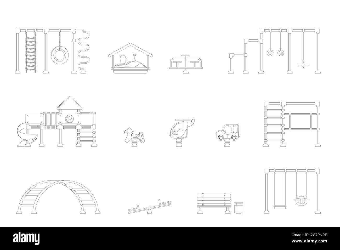 Aire de jeux pour enfants. Ensemble d'icônes noires des éléments d'équipement de jeu. Concept de parc de la ville. Illustration vectorielle Illustration de Vecteur