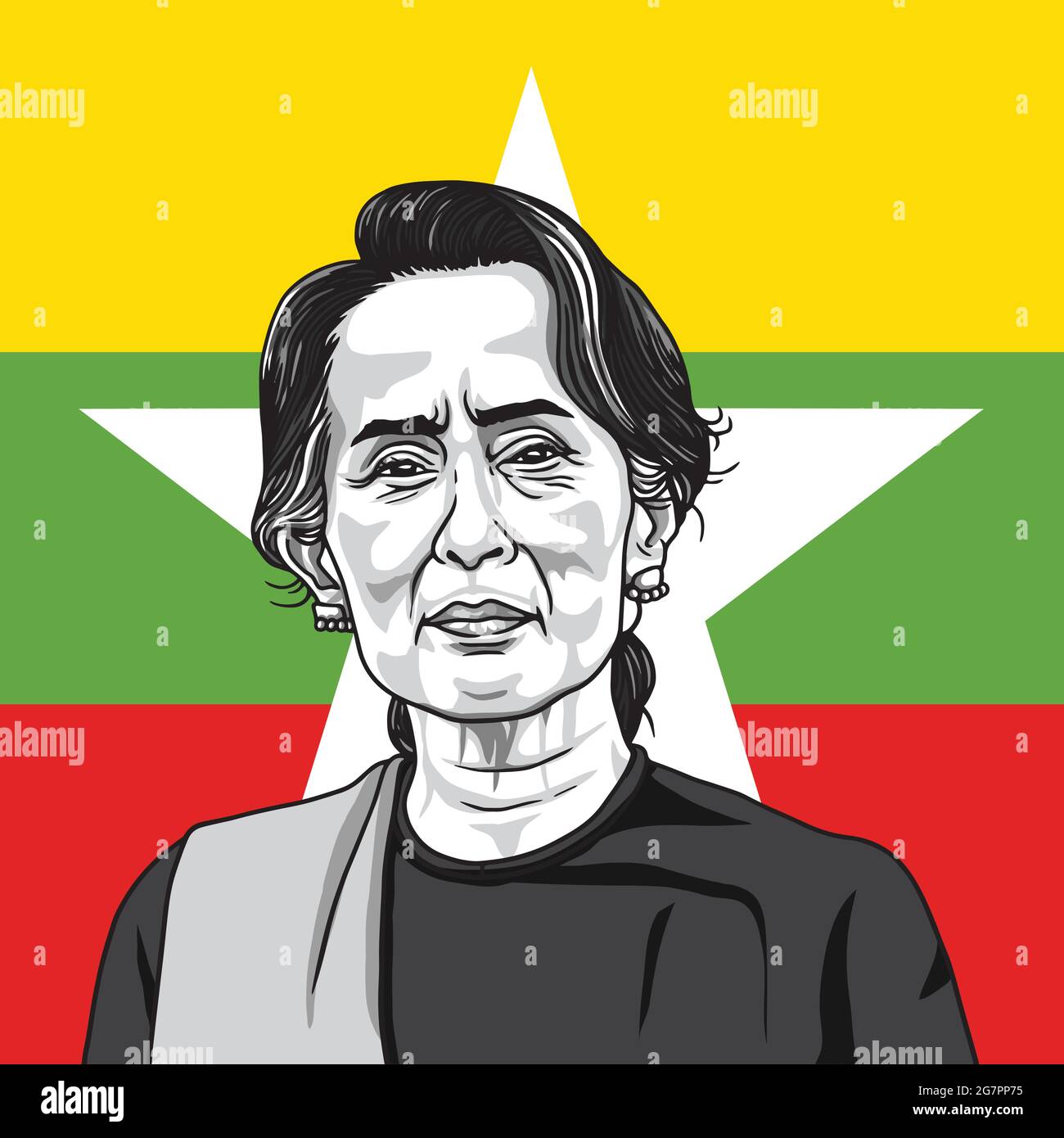 Aung San Suu Kyi sur le contexte du drapeau du Myanmar. Portrait Illustration Vector Illustration de Vecteur