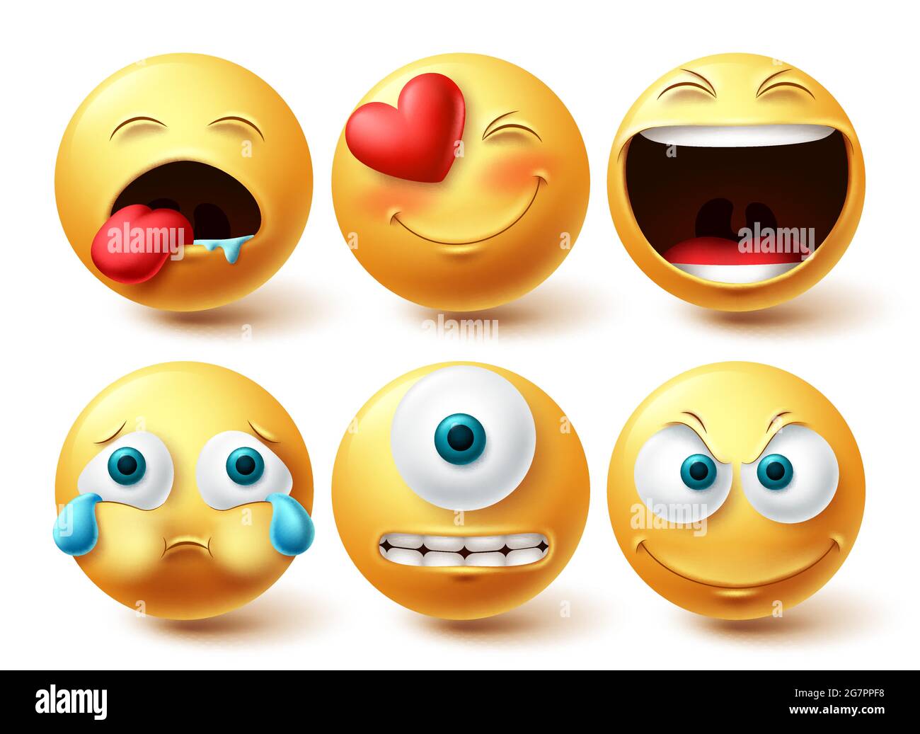 Ensemble de vecteurs émotiji smiley. Smileys émoticône heureux, mignon, pleurs et cyclops œil jaune collection d'icônes isolées en fond blanc pour les éléments graphiques Illustration de Vecteur