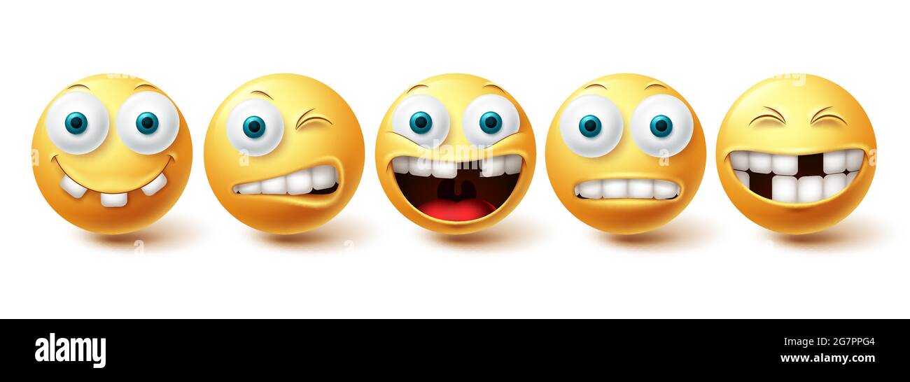 Smiley emoji drôle de vecteur de dents ensemble. Smileys émoticône dents drôles et collection folle expressions faciales isolées dans fond blanc. Vecteur Illustration de Vecteur