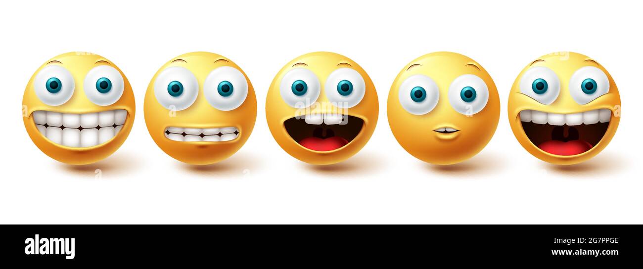 Emoji drôle dents vecteur ensemble. Icônes smiley et émoticône avec des expressions faciales drôles et sourires heureux isolées sur fond blanc. Vecteur Illustration de Vecteur