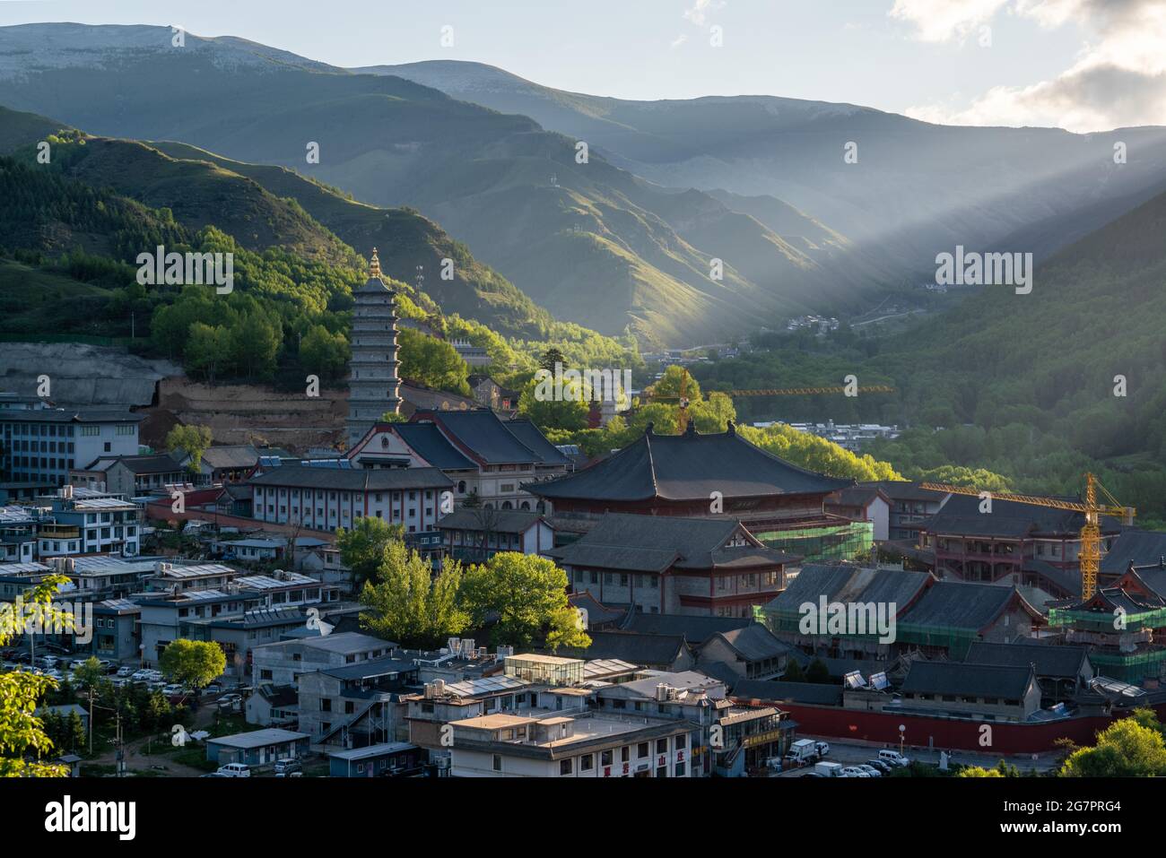 Vue aérienne de la montagne Wutai au lever du soleil, province du Shanxi, Chine Banque D'Images