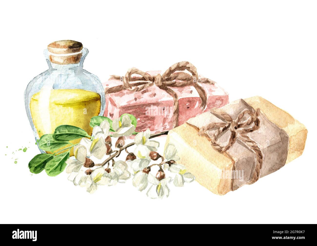 Savon naturel fait à la main avec huile essentielle et fleur d'Acacia ou de Sophora Japonica. Illustration aquarelle dessinée à la main, isolée sur fond blanc Banque D'Images
