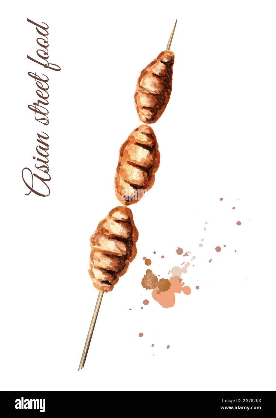 Cuisine de rue asiatique. Insectes frits ver de bois, isolé sur fond blanc. Illustration aquarelle dessinée à la main Banque D'Images