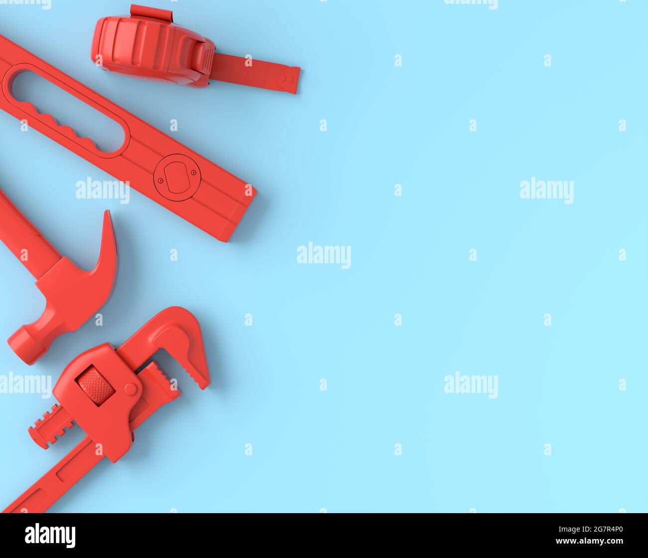 Vue de dessus des outils de construction monochromes pour la réparation et l'installation sur fond bleu et rouge. rendu 3d et illustration de la bannière de service pour Banque D'Images Vue de dessus des outils de construction monochromes pour la réparation et l'installation sur fond bleu et rouge. rendu 3d et illustration de la bannière de service pour Banque D'Images