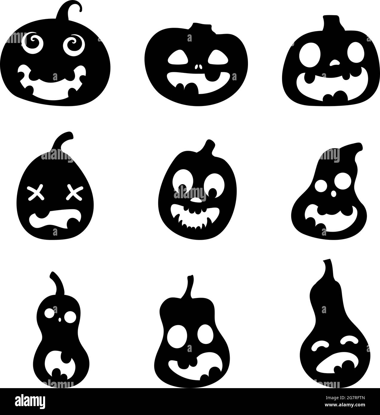 Ensemble de silhouettes de citrouilles effrayantes pour Halloween. Illustration des expressions du visage de Jack-o-lanterne. Collection simple d'images effrayantes d'horreur de citrouilles. Illustration de Vecteur