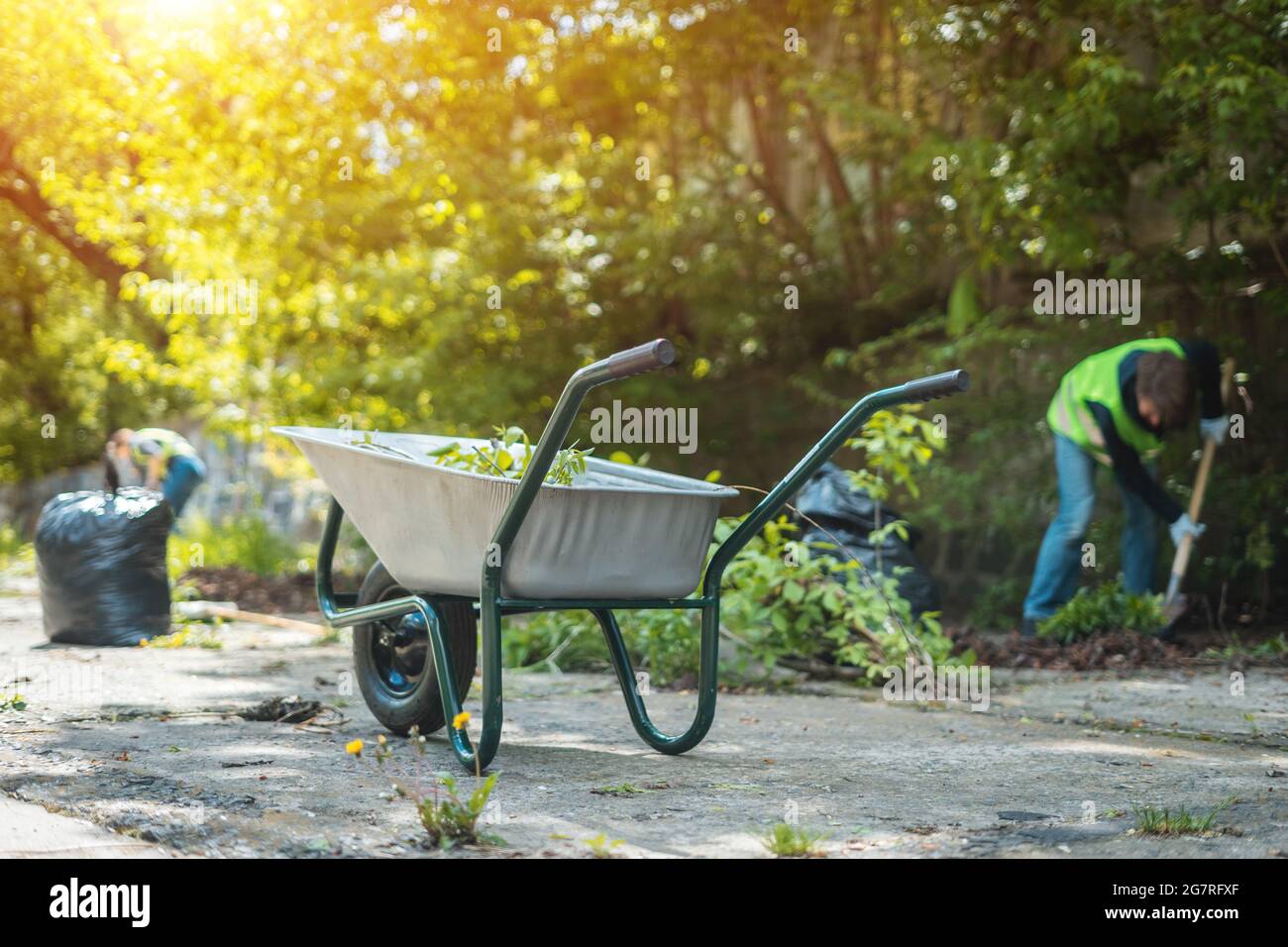 brouette de jardin avec feuilles ou parc de nettoyage de la ville au printemps à la journée ensoleillée Banque D'Images