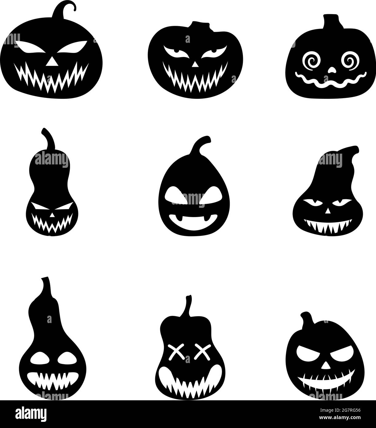 Ensemble de silhouettes de citrouilles effrayantes pour Halloween. Illustration des expressions du visage de Jack-o-lanterne. Collection simple d'images effrayantes d'horreur de citrouilles. Est Illustration de Vecteur