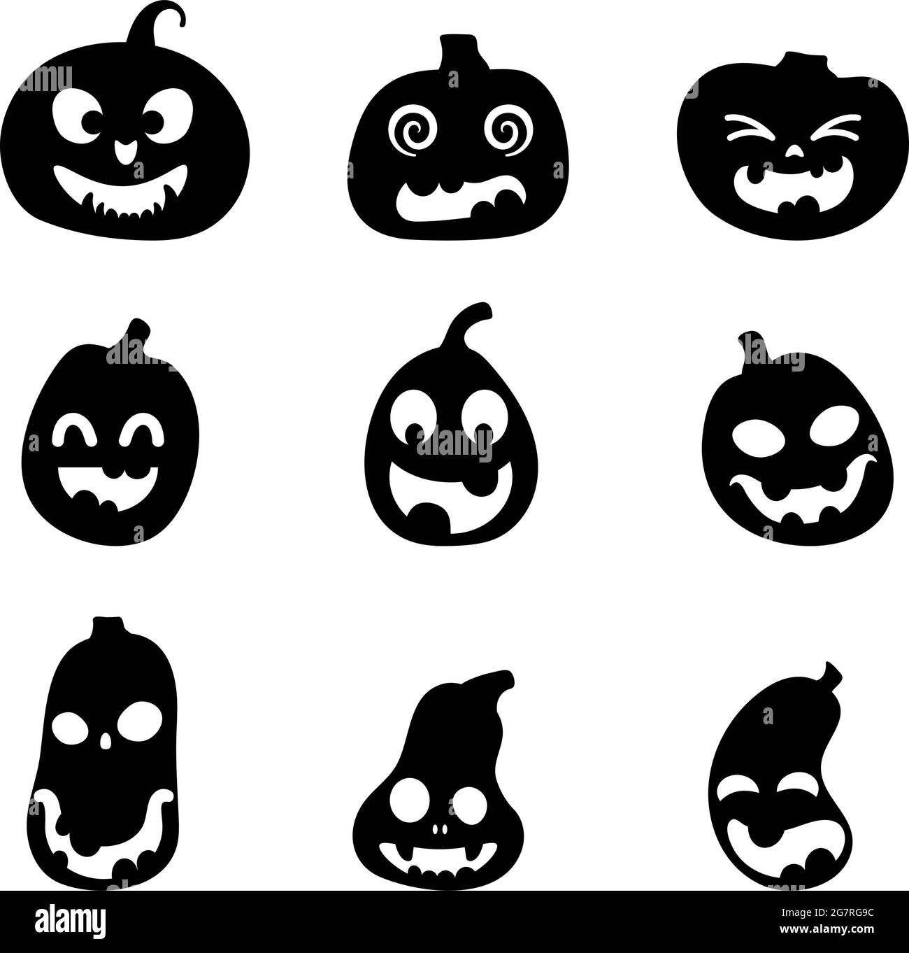 Halloween – ensemble de silhouettes de citrouilles effrayantes. Illustration des expressions du visage de Jack-o-lanterne. Collection simple d'images effrayantes d'horreur de citrouilles. Isola Illustration de Vecteur