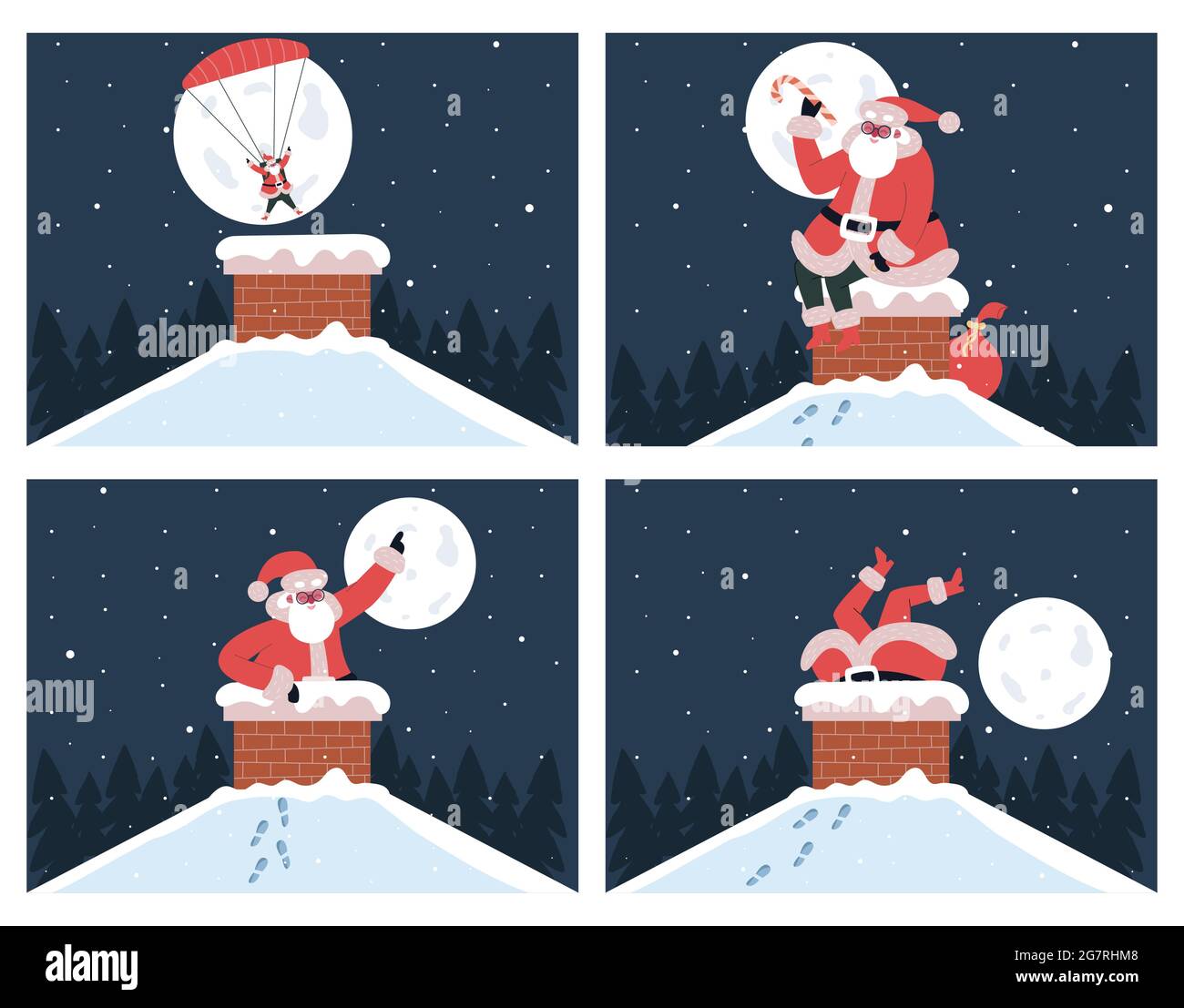 Le Père Noël dans la cheminée. Le Père Noël mignon coincé dans la cheminée et plongées à la cheminée avec parachute vecteur illustrations ensemble. Livraison de cadeaux de Noël Illustration de Vecteur