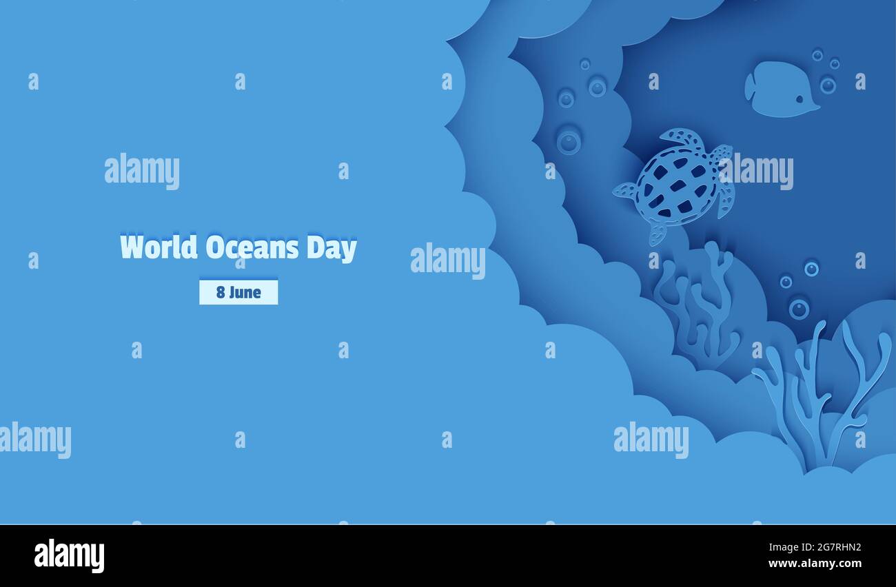 Journée mondiale des océans 8 juin. Papier profondeur sous l'eau grotte de mer avec poissons, récif de corail, fond marin en algues, vagues. Concept de plongée, vie marine bleu profond Illustration de Vecteur