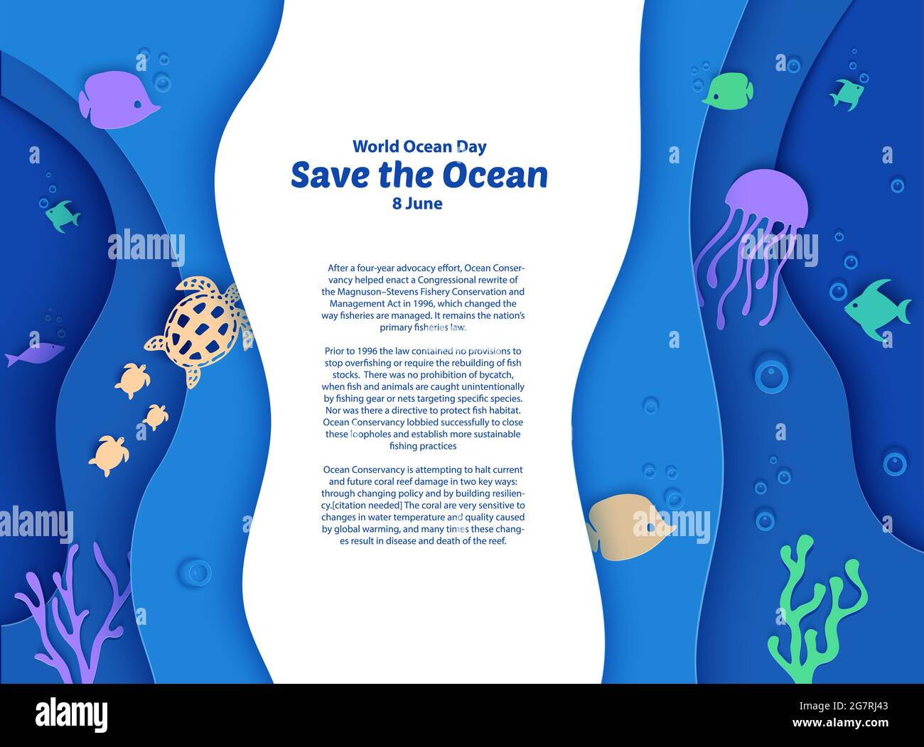 Journee Mondiale Des Oceans 8 Juin Papier Profondeur Sous L Eau Grotte De Mer Avec Poissons Recif De Corail Fond Marin En Algues Vagues Concept De Plongee Vie Marine Bleu Profond Image Vectorielle