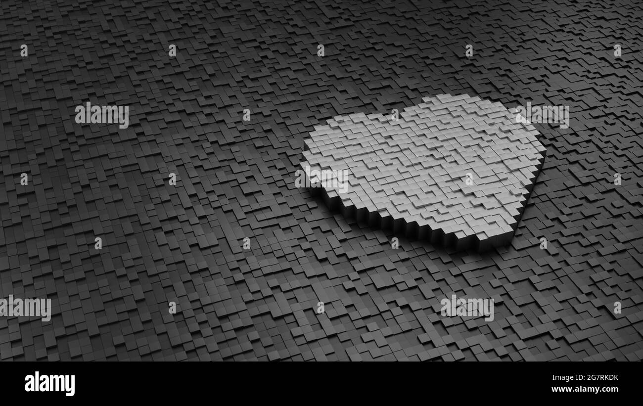 rendu 3d des cubes métalliques en forme de symbole de coeur cassé argent clair coloré sur des cubes sombres avec aléatoire Banque D'Images