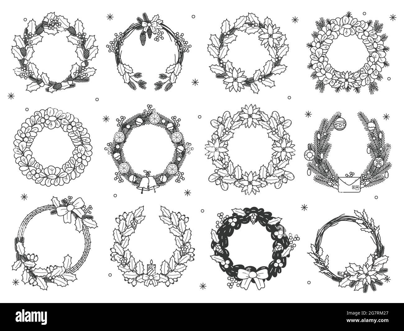 Couronnes florales de Noël. Ensemble d'illustrations vectorielles pour guirlandes et couronnes de Noël dessinées à la main. Joyeux Noël décoratif floral Illustration de Vecteur