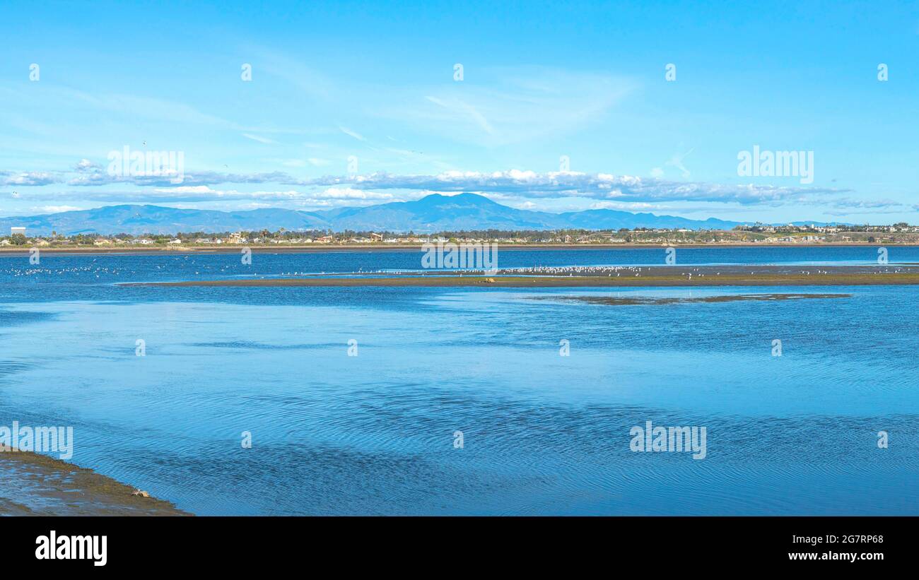 Pano vue panoramique sur l'eau de la réserve Bolsa Chica en Californie Banque D'Images