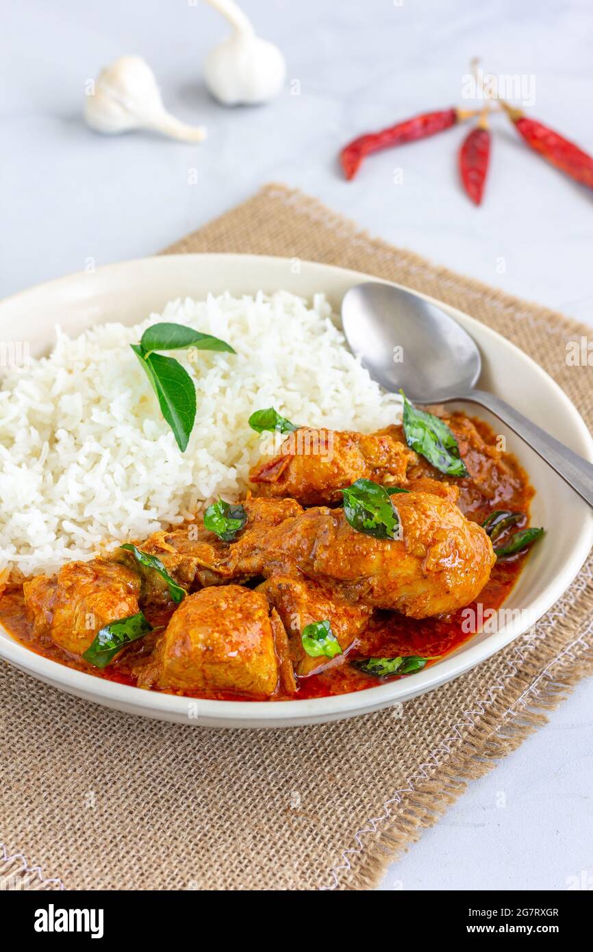 Curry de poulet au riz dans un bol sur fond blanc aliment vertical photo Banque D'Images