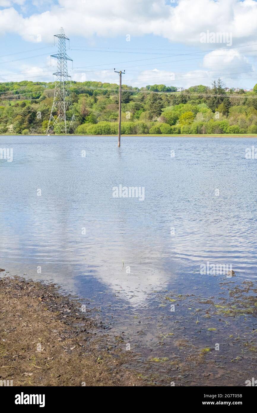Newburn Royaume-Uni: 24 mai 2021: Terres agricoles inondées au récif de Throckley (Reigh), dans le nord de l'Angleterre. Terrain inondé de pylônes électriques Banque D'Images
