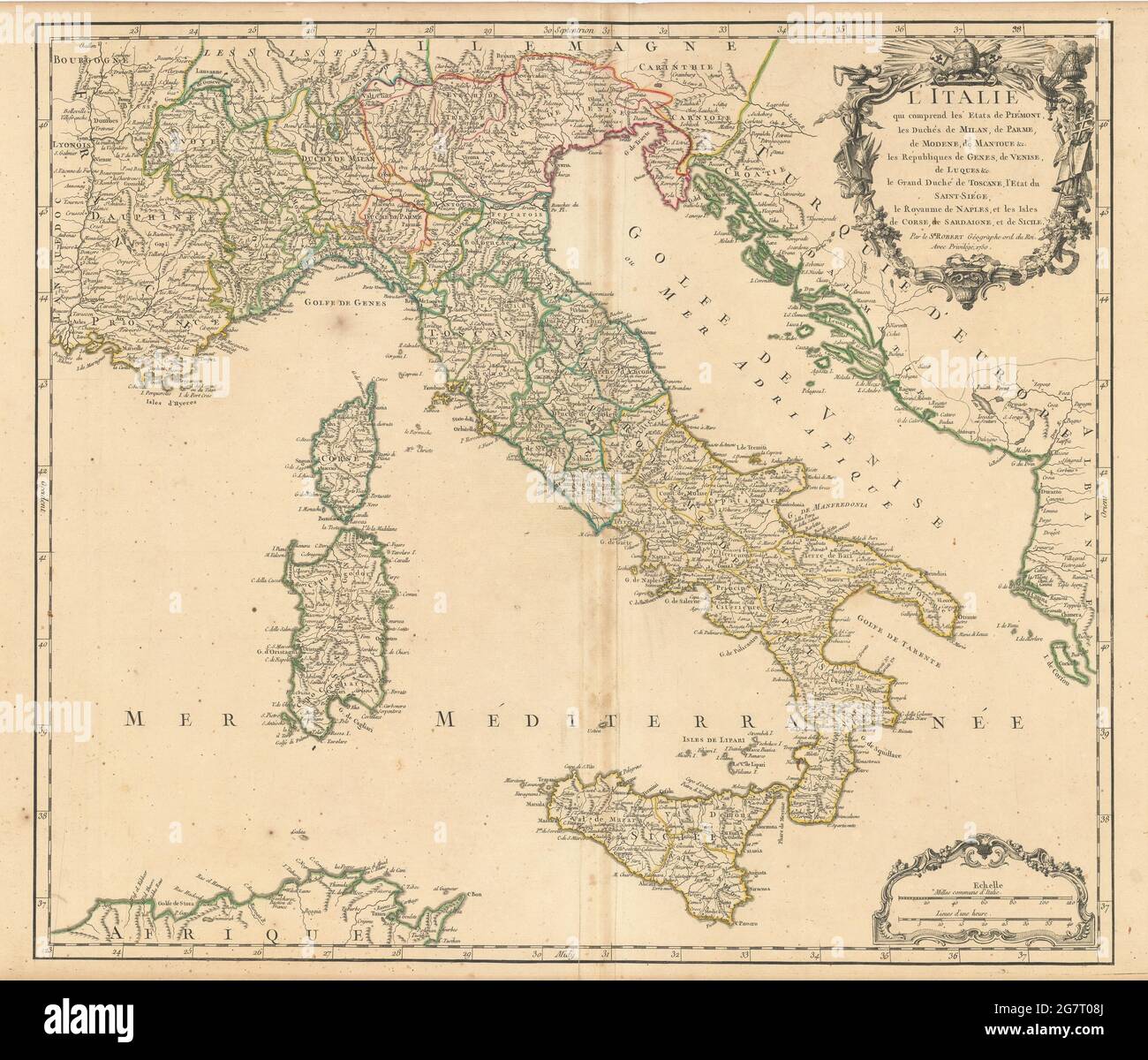 'L'Italie qui comprend les Etats de Piémont…' Italie. CARTE DE ROBERT DE VAUGONDY 1750 Banque D'Images