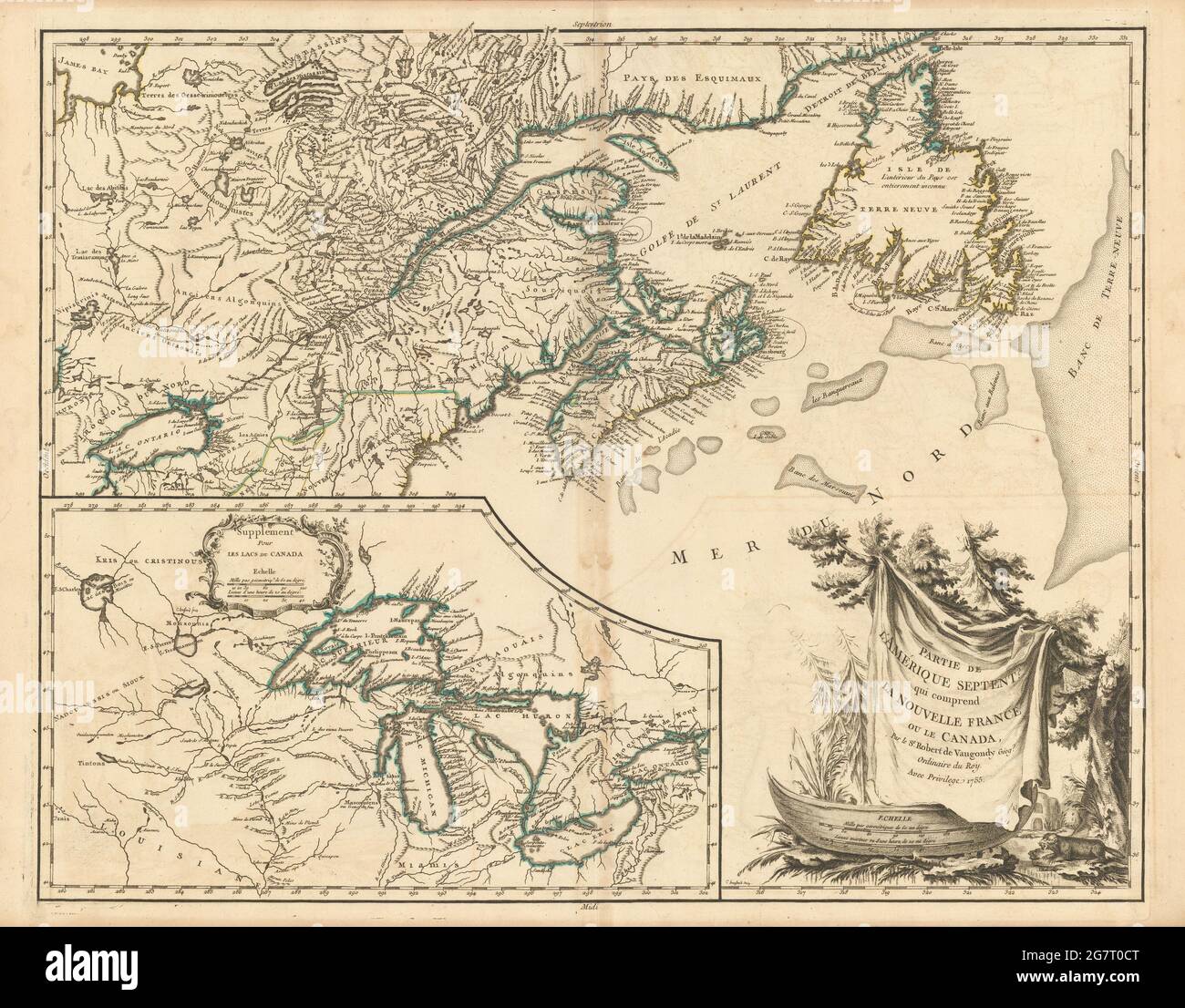 'Partie de l'Amérique septent… la Nouvelle France ». Canada. Carte DE VAUGONDY 1755 Banque D'Images